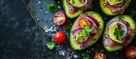 Poster - Avocado boats stuffed with tuna red onion and cherry tomatoes. Copy space image. Place for adding text or design