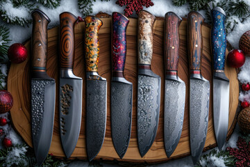 Top view of Damascus steel kitchen Knives on a wooden board