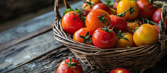 Poster - Basket full of freshly harvested heirloom and heritage tomatoes from the garden allotment Multicoloured red green black purple orange and yellow tomatoes ready to eat. Copy space image
