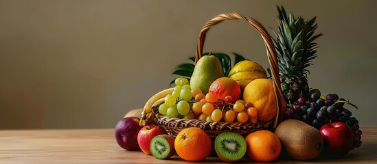 Poster - Assortment of exotic fruits in basket isolated on white. Copy space image. Place for adding text or design