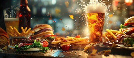 Wall Mural - Beer toss over a top view of a table full of fast food including hamburgers potato chips club sandwich chicken nuggets and onion rings on a rustic table. Copy space image