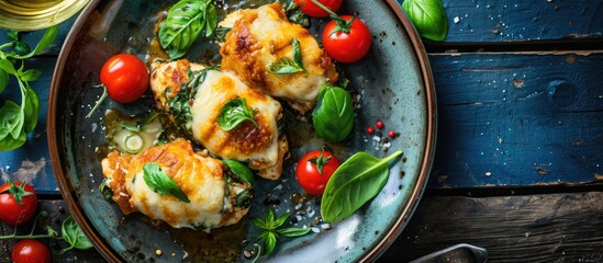 Poster - Baked chicken rolls with basil and cheese on plate Healthy lunch Keto diet Top view above. Copy space image. Place for adding text or design