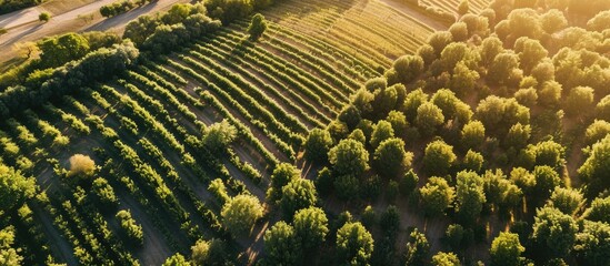 Poster - Aerial view Even rows of fruit trees garden field Agricultural production concept Summer sunny day Apple pear trees. Copy space image. Place for adding text or design