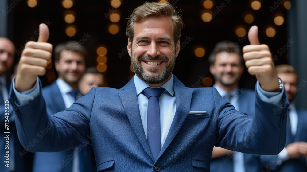 Confident businessman giving thumbs up with team behind Stock Photo ...