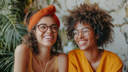 Portrait of two smiling women friends wearing glasses. 