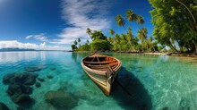 A Lone Small Wooden Rowing Boat Is Moored In Calm Water. The Illustration Creates A Serene Mood. Tropical Islands And Blue Sky On The Horizon. Nature Background. Design For Flyer, Cover Or Brochure.