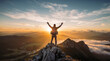 Triumphant hiker with arms raised stands atop a mountain, basking in the breathtaking sunrise above a sea of clouds.