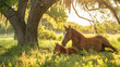 A captivating photograph of a horse family resting under the shade of a tree, with the foal nestled close to its mother, showcasing the tranquility and unity within the equine fami