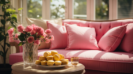 Light pink and yellow stylish furniture, armchair or couch with decorative pillow, home style