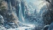 Step into the mesmerizing 3D details of a winter wonderland, where a frozen waterfall stands amidst a landscape covered in glistening snow, showcasing the serene and powerful side of the season.