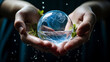 a hand that is holding a planet earth in it, in the style of translucent water,