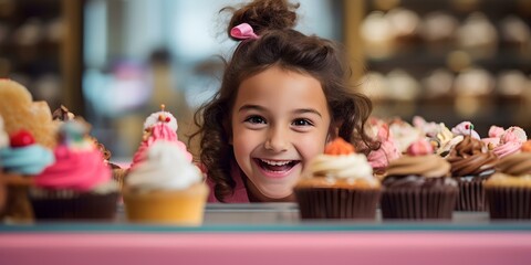 Young girl smiling joyfully at a display of colorful cupcakes. delicious treats tempting a child's sweet tooth. AI