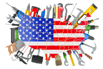 Poster - Construction Tools with the USA map. Service and repair in USA concept. 3D rendering isolated on transparent background