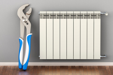 Wall Mural - Heating radiator with radiator thermostatic valve with pipe wrench in interior. Repair and service of heating, concept. 3D rendering