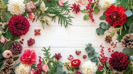 Wall Mural - Festive flower composition on the white wooden background. Overhead view