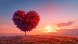 Fototapeta Las - Tree of love in spring. Red heart shaped tree at sunset. Beautiful landscape with flowers.Love background with copy space.Valentine day card