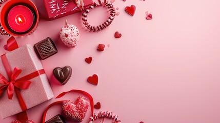 Poster - Valentine's day greeting card with red gifts, hearts chocolate sweets and candles on pink background. View from above. Copy space.