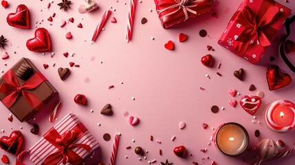 Poster - Valentine's day greeting card with red gifts, hearts chocolate sweets and candles on pink background. View from above. Copy space.