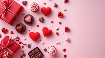 Poster - Valentine's day greeting card with red gifts, hearts chocolate sweets and candles on pink background. View from above. Copy space.