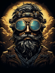 Wall Mural - T-shirt design, steampunk aviator, vintage flying gear, goggles and leather, soaring above clouds, adventurous and nostalgic created with Generative Ai