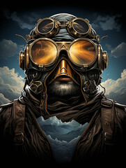 Wall Mural - T-shirt design, steampunk aviator, vintage flying gear, goggles and leather, soaring above clouds, adventurous and nostalgic created with Generative Ai