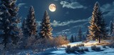 Fototapeta Natura - Witness the enchanting allure of a 3D Christmas snowy scene, with a landscape covered in snow, elegant fir trees standing tall, and the moon casting its soft light on the peaceful winter night.