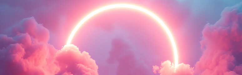 Sticker - pink light circle behind clouds, AI generated