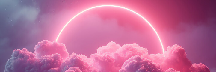 Sticker - pink light circle behind clouds in the sky, AI generated