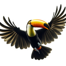 A Toucan Bird Flies Towards The Camera. Isolated On White Background.