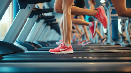 Poster - A group of people running on a treadmill. Perfect for fitness and exercise concepts