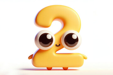 Wall Mural - little cute happy number 2 3d character with bulging eyes on solid a white background. ai generative