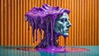 Surreal y2k style baroque sculpture with purple slime substance dripping and orange corrugated background. Copy space.