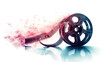 An artistic depiction of a film reel with ethereal pink smoke, symbolizing the creative and dynamic nature of cinema celebrated at the International Film Festival.