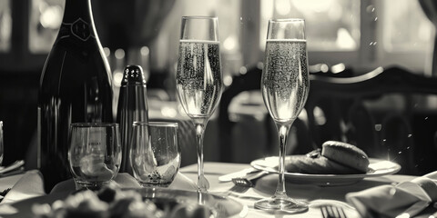 Poster - Two glasses of champagne and a plate of food on a table. Perfect for celebrations and special occasions