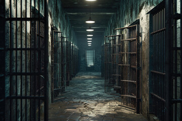 Poster - A dimly lit hallway in a prison cell block. This image can be used to depict the atmosphere of a prison, confinement, or the justice system