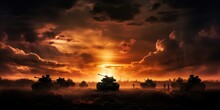 World War Silhouette. Military Confrontation Of Soldiers And Armored Vehicles At Sunset On Foggy