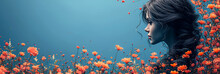 Abstract Blue Background Illustration Of Silhouette Of Girls For The Holiday Of International Women's Day And Mother's Day. Composition Of Flowers And A Girl.