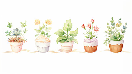 Wall Mural - Herbs and cakes, Cartoon drawing, Water color style, AI Generated