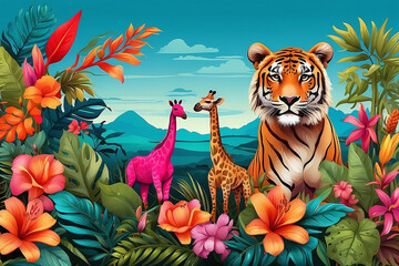 Poster - exotic tropical animals and vibrant flowers in jungle scene
