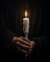 Wall Mural - Holding burning candle light on man hand picture