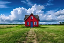 Vintage Red Dream Home With Blue Sky And Green Lawn