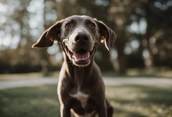 Wall Mural - Cute playful doggy or pet is playing and looking happy isolated on transparent background Brown weim