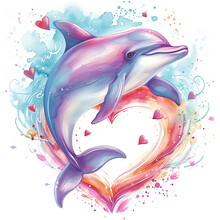 Cute Watercolor Dolphin With Heart On White Background For Holiday