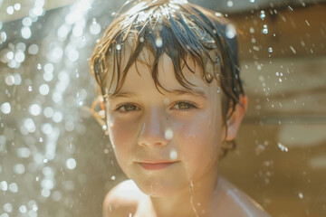 Aufkleber - A young boy standing in the water. Suitable for various uses
