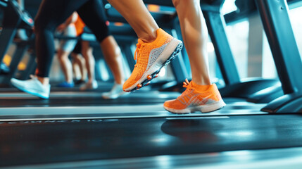 Poster - A group of people running together on a treadmill. Suitable for fitness and exercise concepts