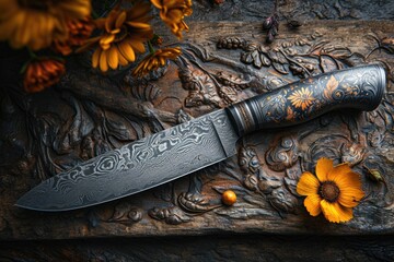 One Stylish Damascus steel kitchen knife on a wooden board