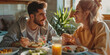 © Fotograf - A man and a woman are sitting at a table with plates of food. This image can be used to illustrate a meal, dining, or a romantic dinner