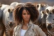 fashion outdoor photo of beautiful sensual woman with afro hair in elegant clothes posing among zebras