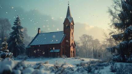 Aufkleber - A picture of a church surrounded by a snowy forest. Perfect for winter-themed designs and holiday projects