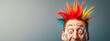 humorous and exaggerated portrait of a person with a wildly colorful mohawk hairstyle. The mohawk of bright colors like red, yellow, green, and blue, standing in sharp spikes that defy gravity. 